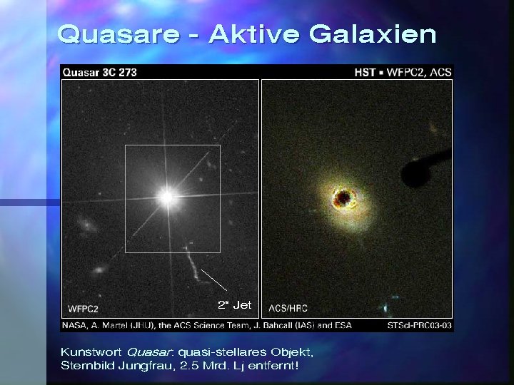 Quasare - Aktive Galaxien 2“ Jet Kunstwort Quasar: quasi-stellares Objekt, Sternbild Jungfrau, 2. 5