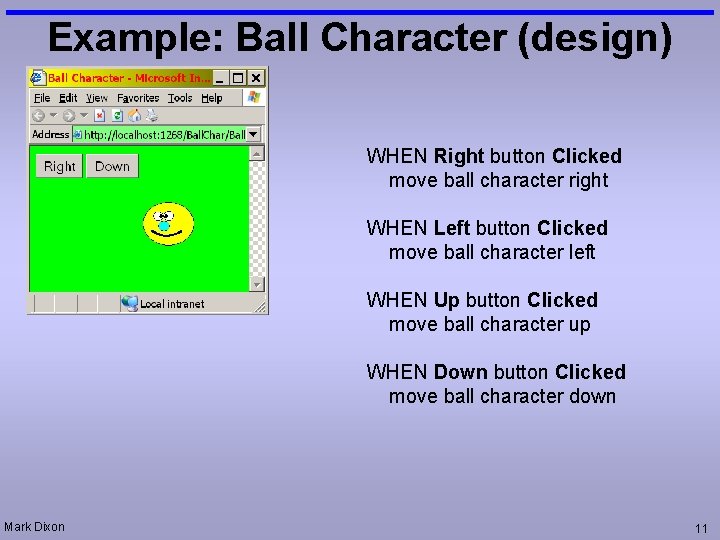 Example: Ball Character (design) WHEN Right button Clicked move ball character right WHEN Left