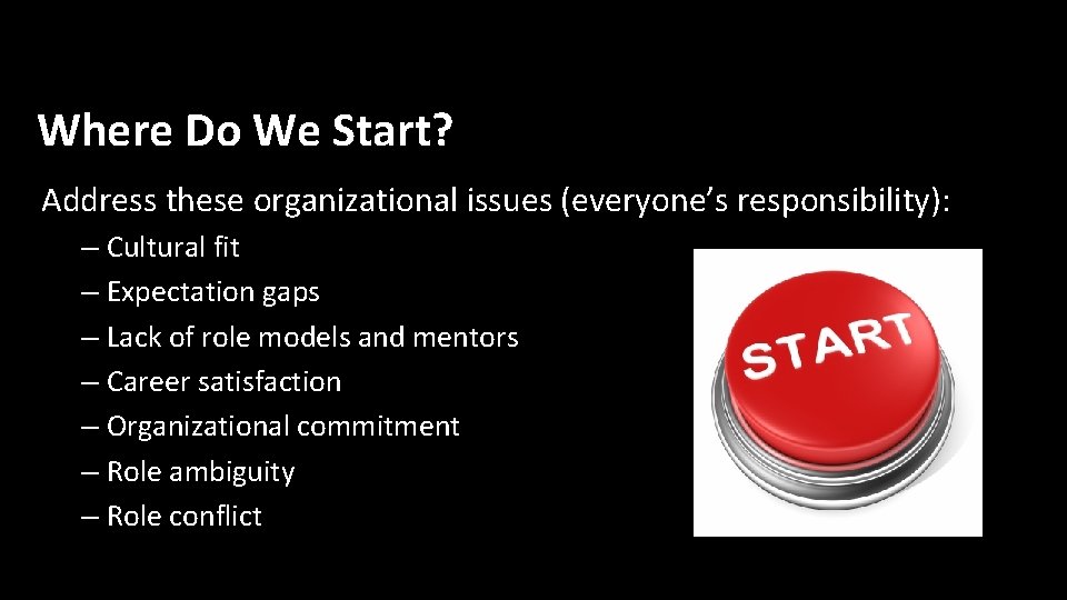 Where Do We Start? Address these organizational issues (everyone’s responsibility): – Cultural fit –