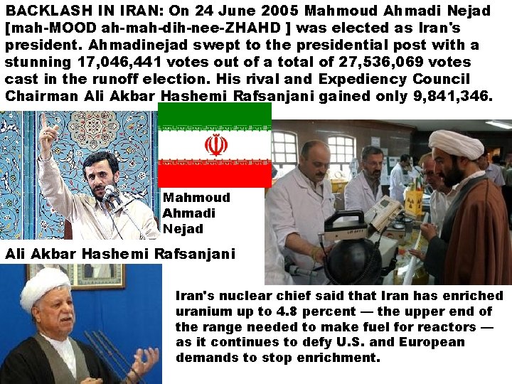 BACKLASH IN IRAN: On 24 June 2005 Mahmoud Ahmadi Nejad [mah-MOOD ah-mah-dih-nee-ZHAHD ] was