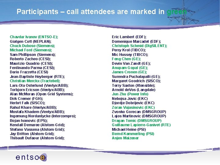 Participants – call attendees are marked in green Chavdar Ivanov (ENTSO-E); Giatgen Cott (NEPLAN);