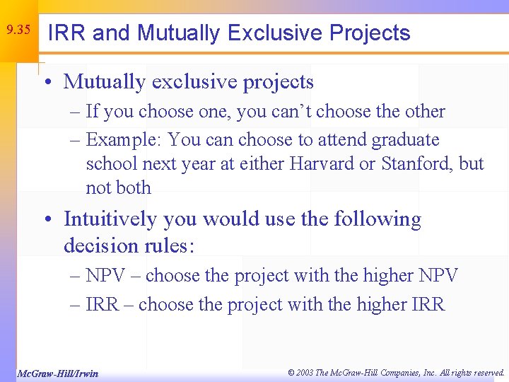 9. 35 IRR and Mutually Exclusive Projects • Mutually exclusive projects – If you