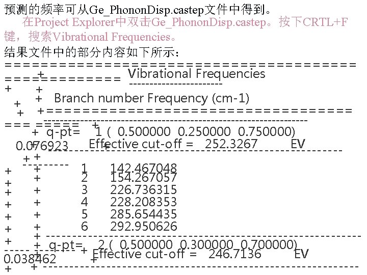 预测的频率可从Ge_Phonon. Disp. castep文件中得到。 在Project Explorer中双击Ge_Phonon. Disp. castep。按下CRTL+F 键，搜索Vibrational Frequencies。 结果文件中的部分内容如下所示： ==================== + Vibrational Frequencies