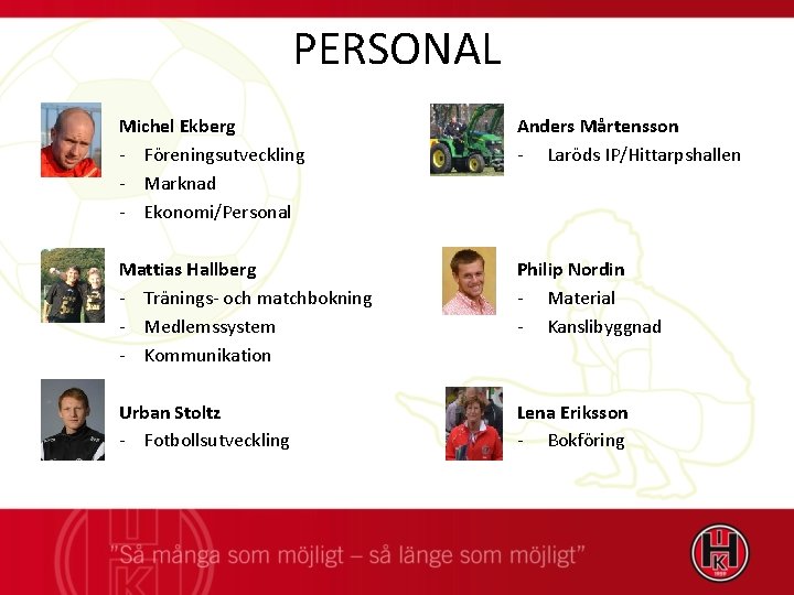 PERSONAL Michel Ekberg - Föreningsutveckling - Marknad - Ekonomi/Personal Anders Mårtensson - Laröds IP/Hittarpshallen
