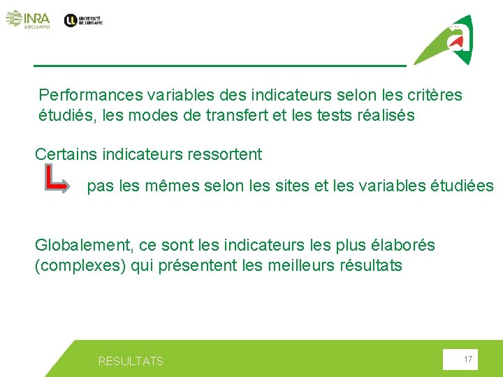 Performances variables des indicateurs selon les critères étudiés, les modes de transfert et les