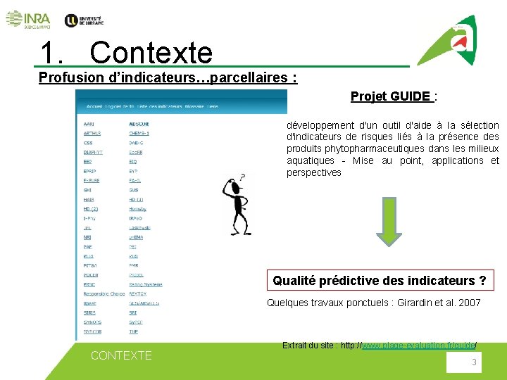 1. Contexte Profusion d’indicateurs…parcellaires : Projet GUIDE : développement d'un outil d'aide à la