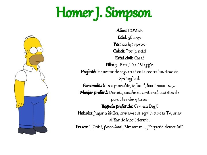 Homer J. Simpson Alias: HOMER Edat: 36 anys Pes: 120 kg. aprox. Cabell: Poc