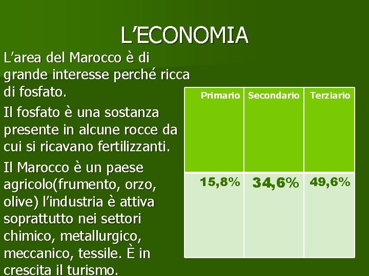 L’ECONOMIA L’area del Marocco è di grande interesse perché ricca di fosfato. Primario Secondario