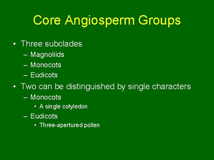 Core Angiosperm Groups • Three subclades – Magnoliids – Monocots – Eudicots • Two