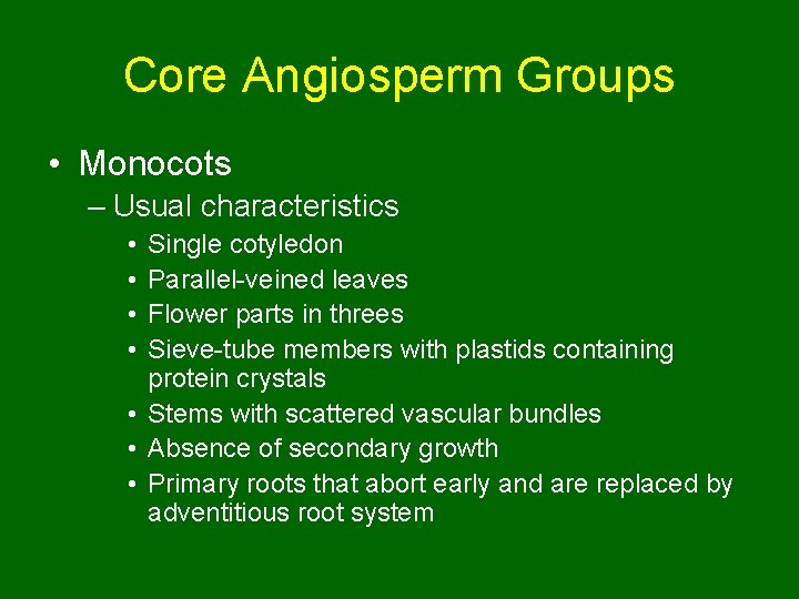 Core Angiosperm Groups • Monocots – Usual characteristics • • Single cotyledon Parallel-veined leaves