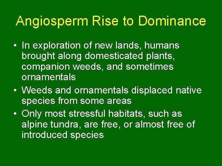 Angiosperm Rise to Dominance • In exploration of new lands, humans brought along domesticated