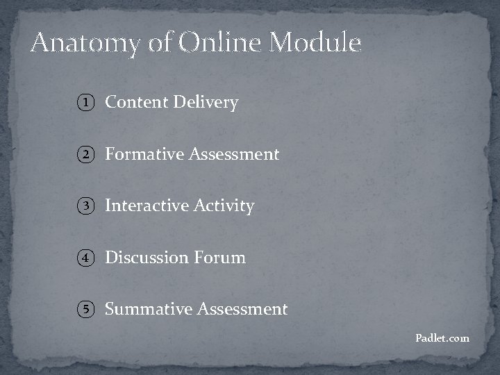 Anatomy of Online Module ① Content Delivery ② Formative Assessment ③ Interactive Activity ④