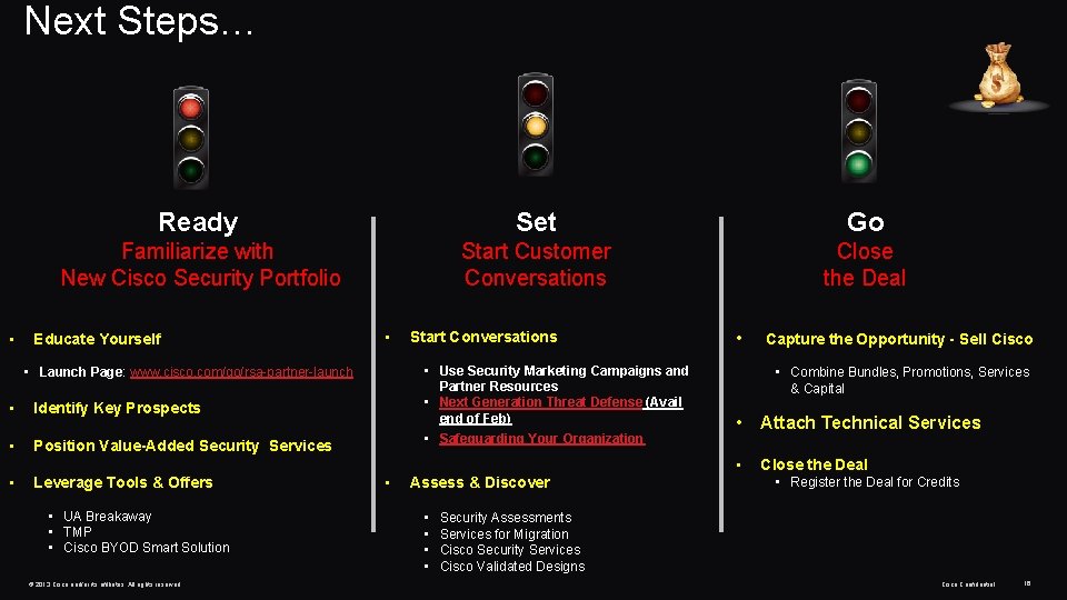 Next Steps… • Ready Set Go Familiarize with New Cisco Security Portfolio Start Customer Next Steps… • Ready Set Go Familiarize with New Cisco Security Portfolio Start Customer