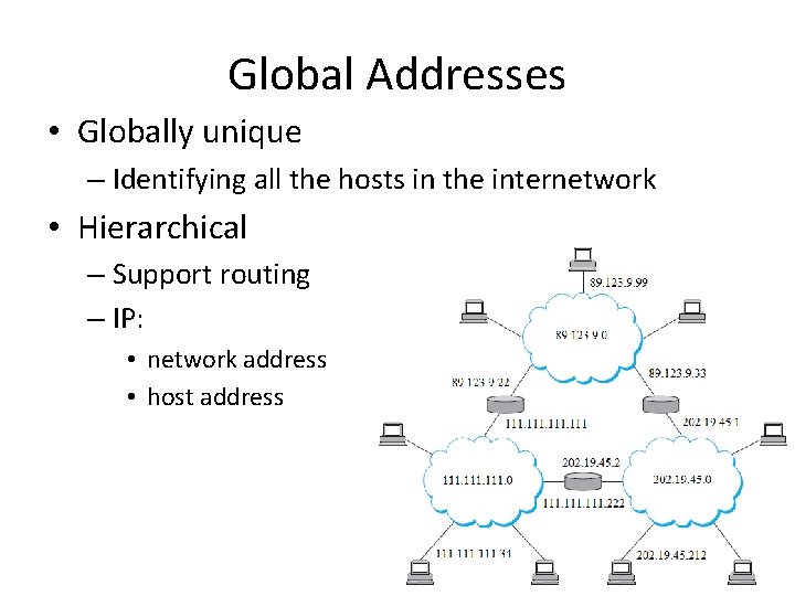 Global Addresses • Globally unique – Identifying all the hosts in the internetwork •