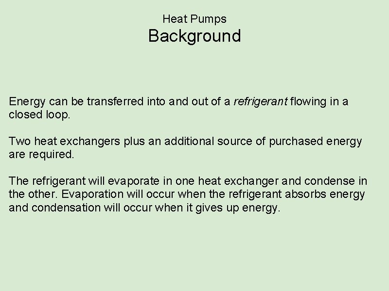 Heat Pumps Background Energy can be transferred into and out of a refrigerant flowing