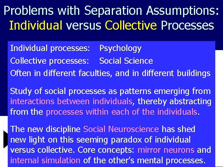 Problems with Separation Assumptions: Individual versus Collective Processes Individual processes: Psychology Collective processes: Social