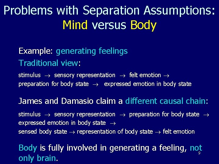 Problems with Separation Assumptions: Mind versus Body Example: generating feelings Traditional view: stimulus sensory