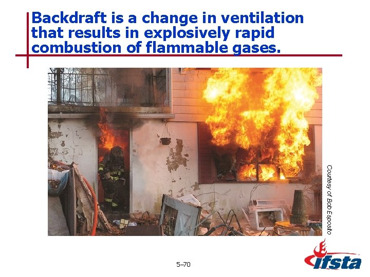 Backdraft is a change in ventilation that results in explosively rapid combustion of flammable