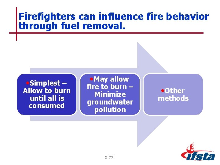 Firefighters can influence fire behavior through fuel removal. • Simplest – Allow to burn