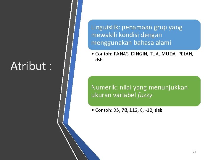 Linguistik: penamaan grup yang mewakili kondisi dengan menggunakan bahasa alami Atribut : • Contoh: