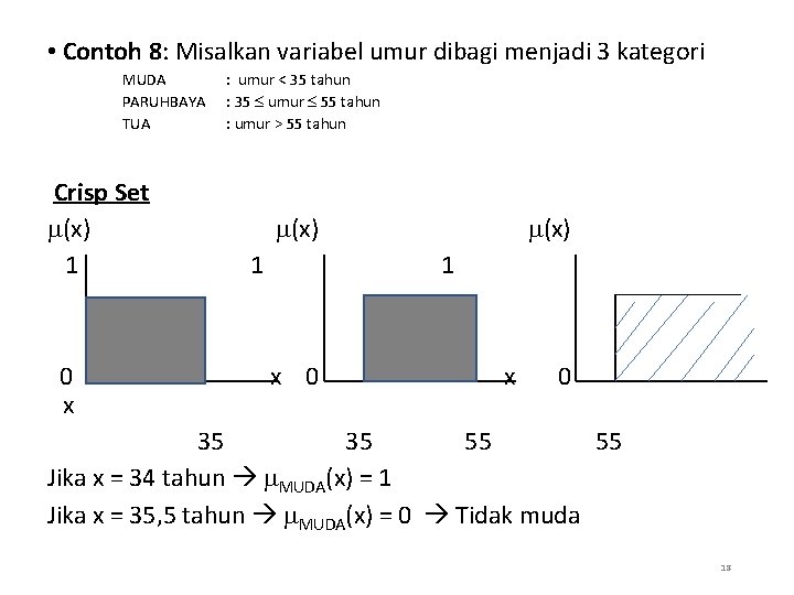  • Contoh 8: Misalkan variabel umur dibagi menjadi 3 kategori MUDA PARUHBAYA TUA