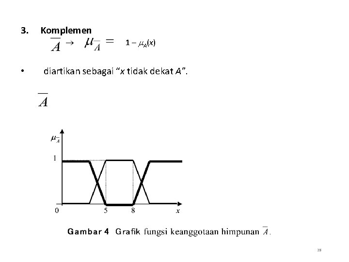 3. Komplemen • 1 – A(x) diartikan sebagai “x tidak dekat A”. 28 