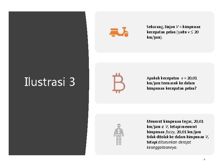 Sekarang, tinjau V = himpunan kecepatan pelan (yaitu v 20 km/jam). Ilustrasi 3 Apakah