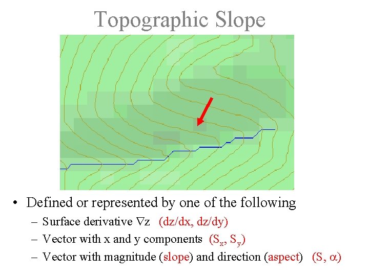 Topographic Slope • Defined or represented by one of the following – Surface derivative