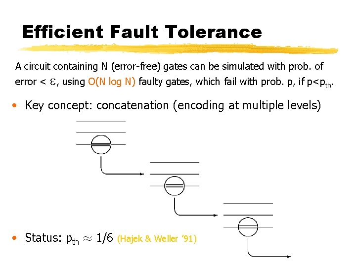Efficient Fault Tolerance A circuit containing N (error-free) gates can be simulated with prob.