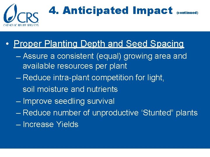 4. Anticipated Impact (continued) • Proper Planting Depth and Seed Spacing – Assure a