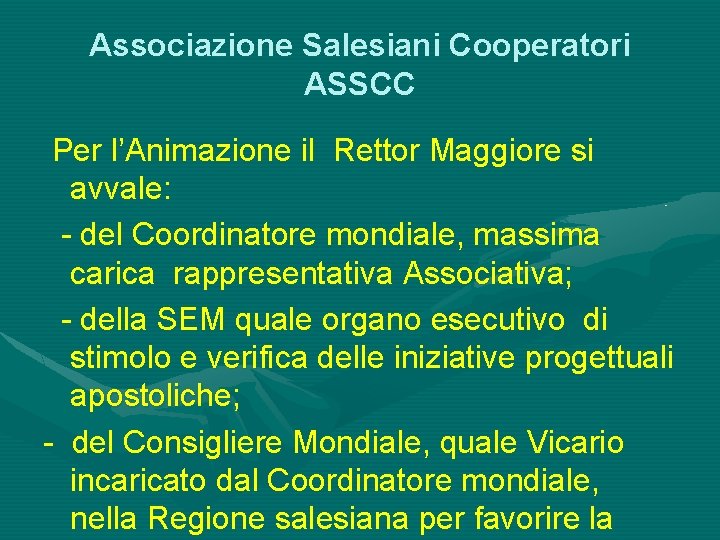 Associazione Salesiani Cooperatori ASSCC Per l’Animazione il Rettor Maggiore si avvale: - del Coordinatore