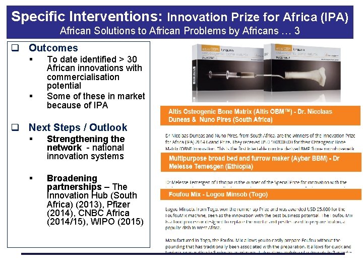 Specific Interventions: Innovation Prize for Africa (IPA) African Solutions to African Problems by Africans