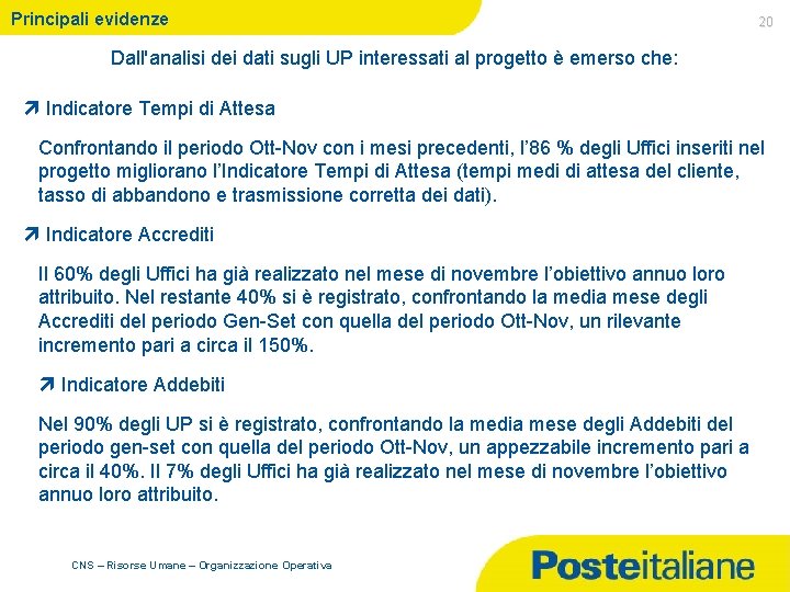 Principali evidenze 20 Dall'analisi dei dati sugli UP interessati al progetto è emerso che: