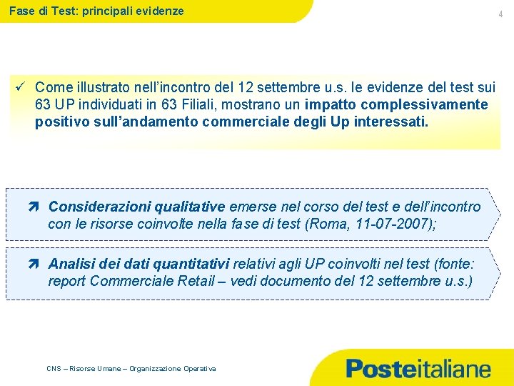 Fase di Test: principali evidenze ü Come illustrato nell’incontro del 12 settembre u. s.