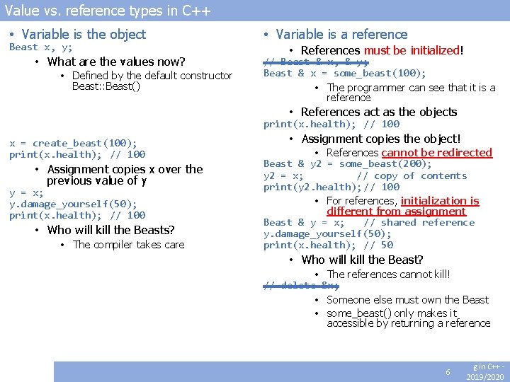 Value vs. reference types in C++ • Variable is the object Beast x, y;