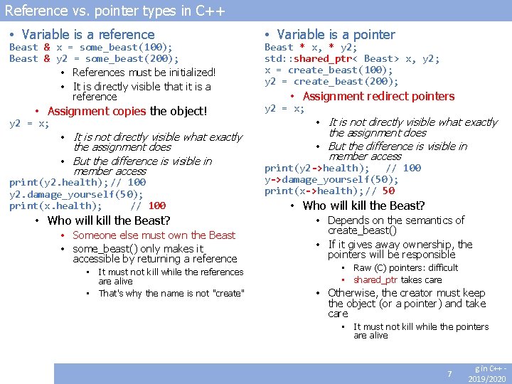 Reference vs. pointer types in C++ • Variable is a reference Beast & x