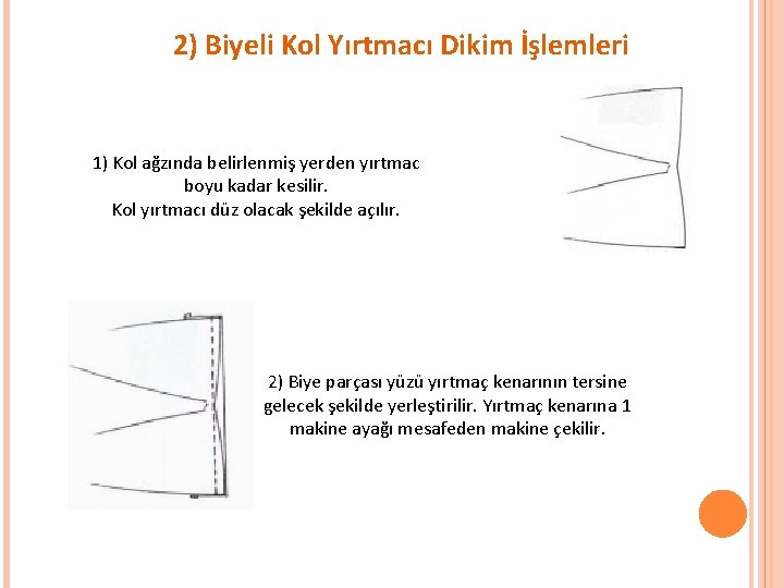 2) Biyeli Kol Yırtmacı Dikim İşlemleri 1) Kol ağzında belirlenmiş yerden yırtmac boyu kadar