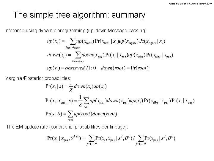 Genome Evolution. Amos Tanay 2010 The simple tree algorithm: summary Inference using dynamic programming