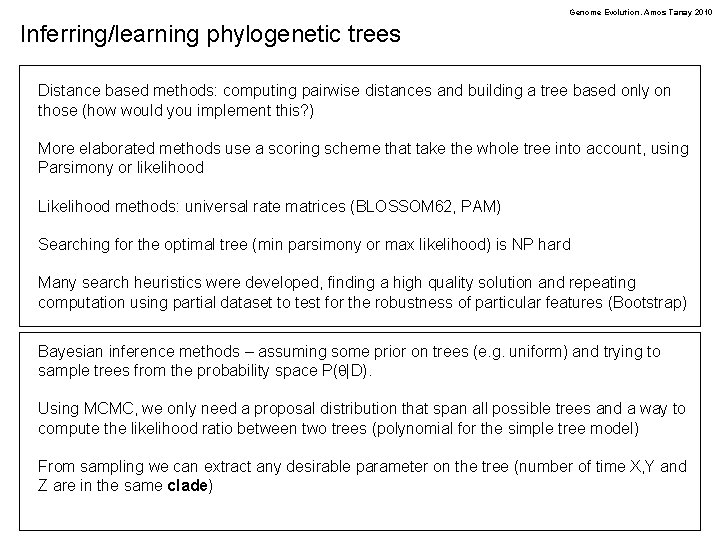 Genome Evolution. Amos Tanay 2010 Inferring/learning phylogenetic trees Distance based methods: computing pairwise distances