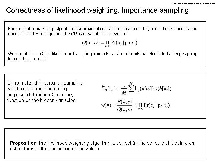 Genome Evolution. Amos Tanay 2010 Correctness of likelihood weighting: Importance sampling For the likelihood