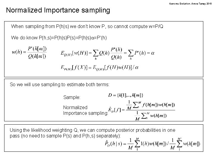 Genome Evolution. Amos Tanay 2010 Normalized Importance sampling When sampling from P(h|s) we don’t