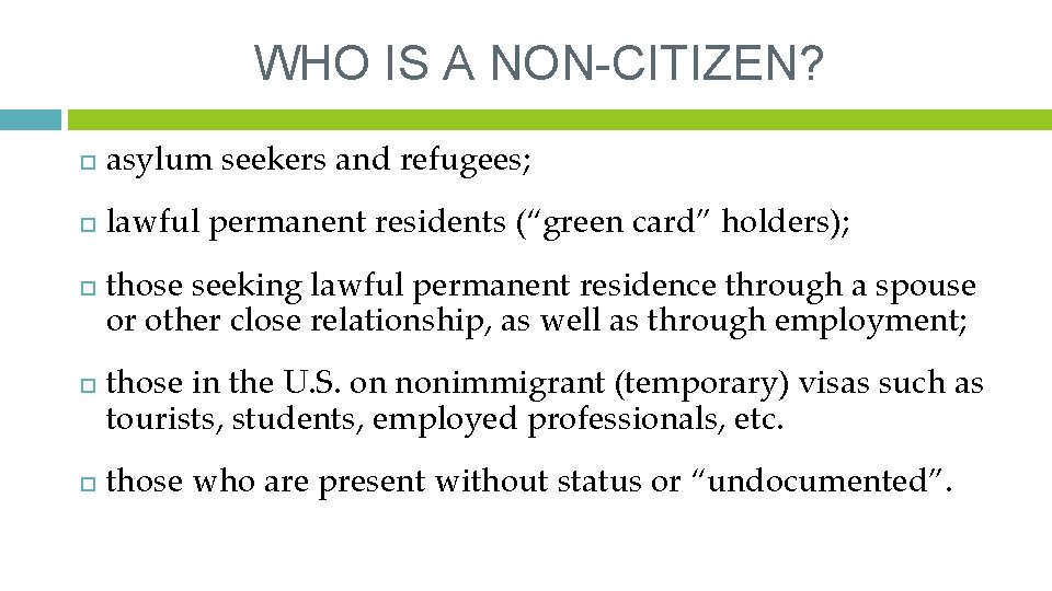 WHO IS A NON-CITIZEN? asylum seekers and refugees; lawful permanent residents (“green card” holders);