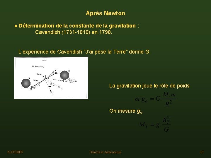 Après Newton ● Détermination de la constante de la gravitation : Cavendish (1731 -1810)