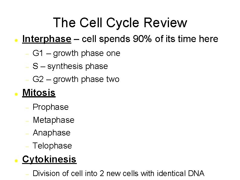 The Cell Cycle Review Interphase – cell spends 90% of its time here G
