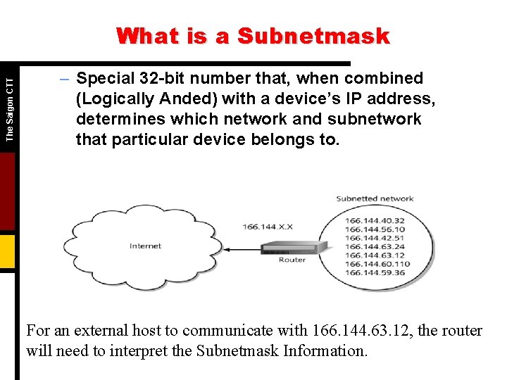 The Saigon CTT What is a Subnetmask – Special 32 -bit number that, when