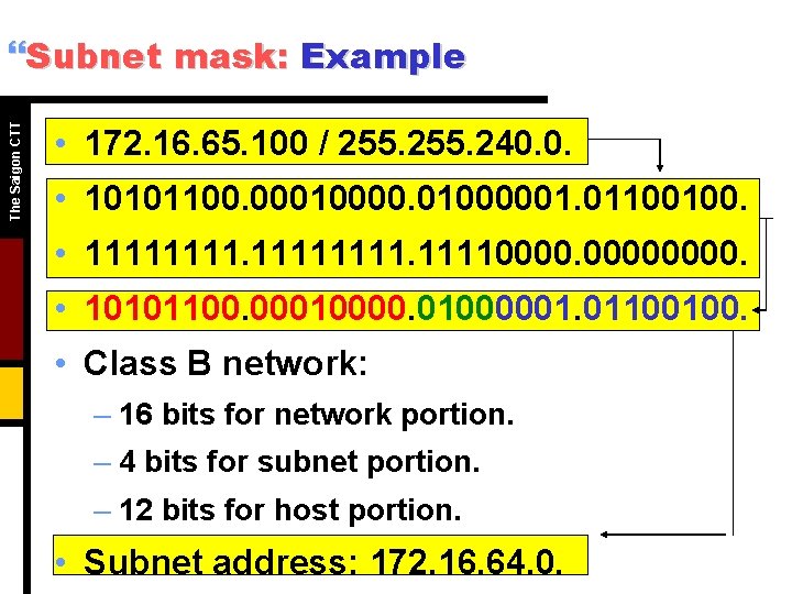 The Saigon CTT }Subnet mask: Example • 172. 16. 65. 100 / 255. 240.