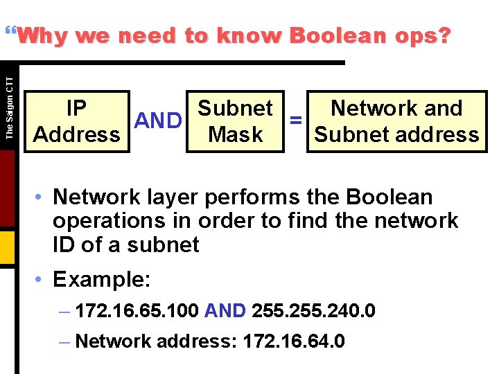 The Saigon CTT }Why we need to know Boolean ops? IP Subnet Network and