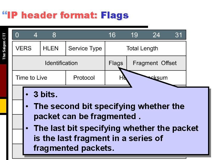 The Saigon CTT }IP header format: Flags • 3 bits. • The second bit