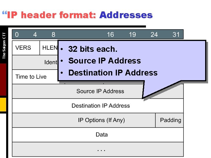 The Saigon CTT }IP header format: Addresses • 32 bits each. • Source IP