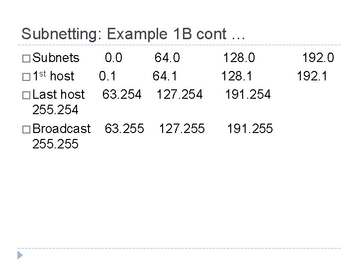 Subnetting: Example 1 B cont … � Subnets � 1 st host � Last